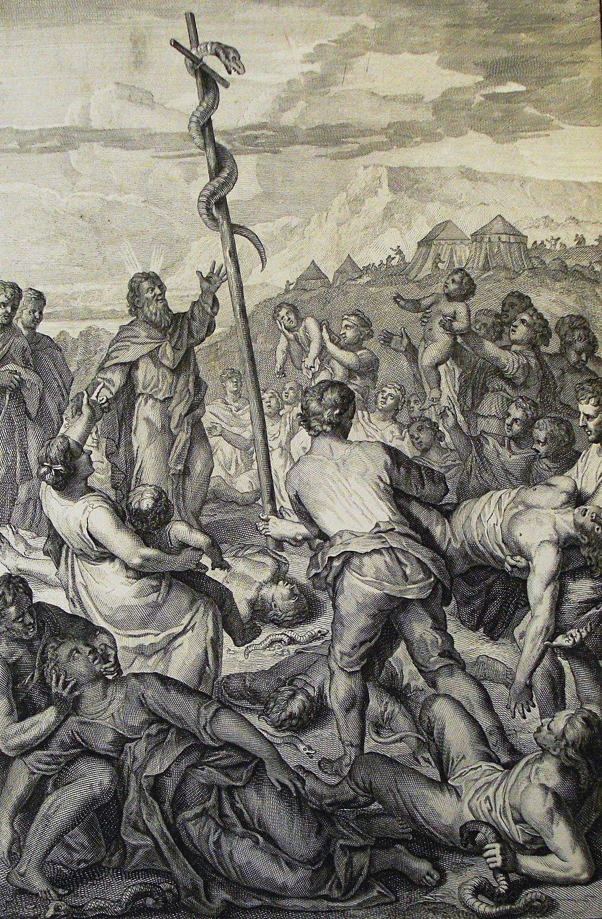 1200px The Phillip Medhurst Picture Torah 569. The Israelites bitten by fiery serpents. Numbers cap 21 vv 6 9. Hoet - تفسير حلم ثعبان يقتل قطة: رمزية الموت والبعث؟